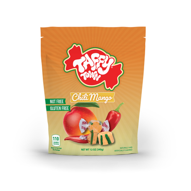 Taffy Town Chili Mango Taffy 12oz – Nut-Free, Gluten-Free, vibrant packaging with mangoes and chili peppers.
